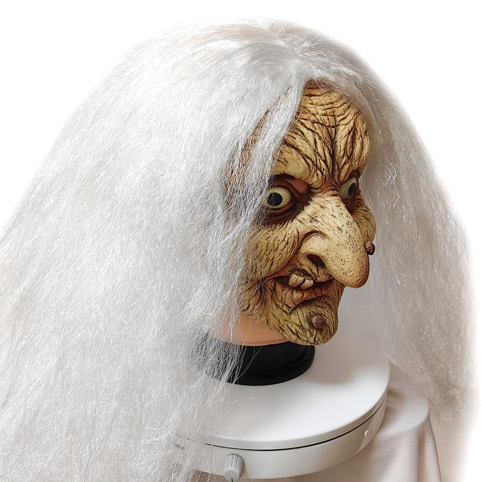 Old Lady Witch Latex Mask with White Hair – Realistic Halloween Costume Mask for Masquerade Party, Warty Nose & Chin Mole