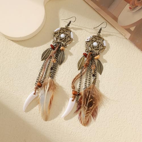 Brown Dream Catcher Feather Boho Earrings