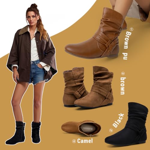 Women's Slouch Ankle Boots, Flat Low Heel Side Zip Booties 939A