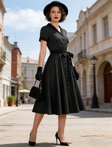 Women's 1950s Retro Striped Dress - Vintage Collared Button Down A Line Swing Dress with Removable Belt for Commuting