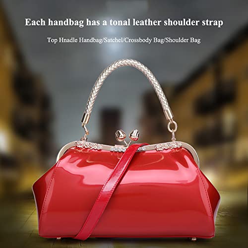 Glossy Patent Leather Evening Bag — Braided Handle Kiss Lock Handbag