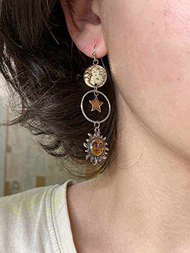 Vintage Sun Moon Star Asymmetric Drop Earrings