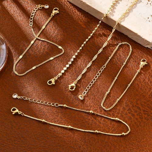 Gold Bracelets for Women, 14K Gold Plated Stackable Bracelet Stack Set Adjustable Charm Paperclip Chain Snake Link Layered Waterproof Jewelry Sets Gifts