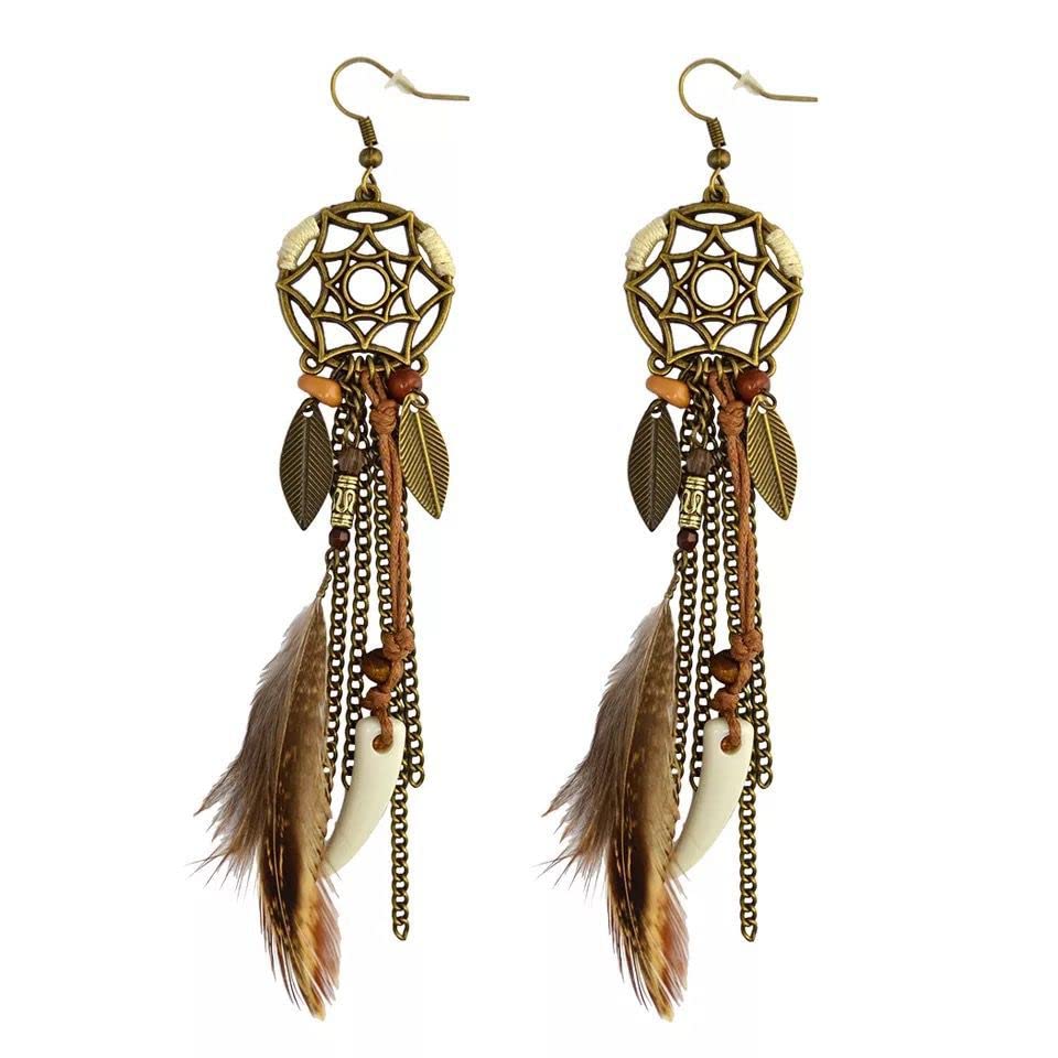 Brown Dream Catcher Feather Boho Earrings