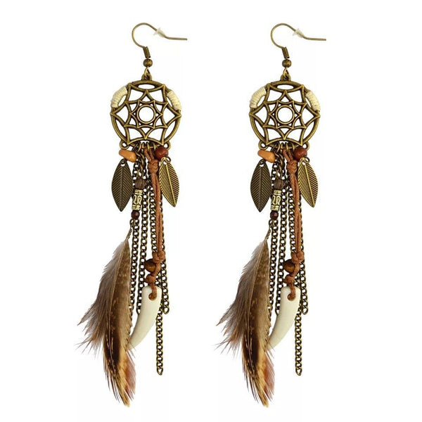Brown Dream Catcher Feather Boho Earrings