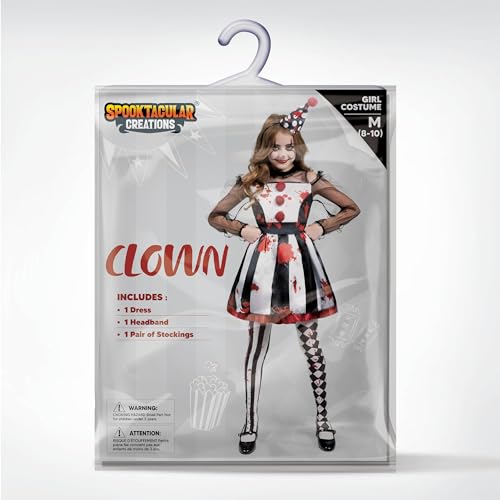Spooktacular Creations Girls Clown Costume, Scary Clown Costume, Black and White Bloody Jester Dress for Girls
