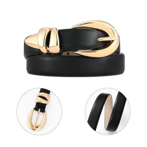 Belts For Women With Gold Buckle – Adjustable Black Leather Belt For