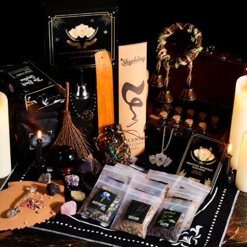 Wiccan Supplies and Tools for Protection, 130Pack Witchcraft Supplies Witchy Gift for Beginners, Dried Herbs, Crystals, Candles, Witch Starter Spell Kit