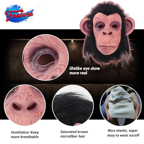 Monkey Mask Latex Full Head Animal Black Chimp Mask for Halloween Costume Party, Large