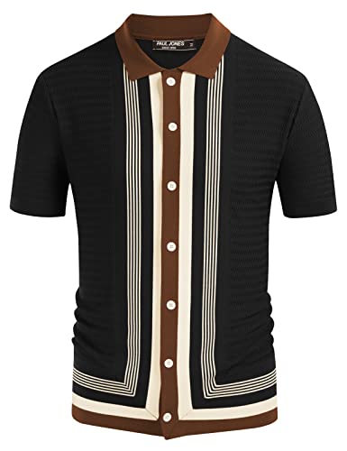 PJ PAUL JONES Men's Vintage Stripe Knit Polo Shirts Short Sleeve Stylish Button Down Cardigan Sweater