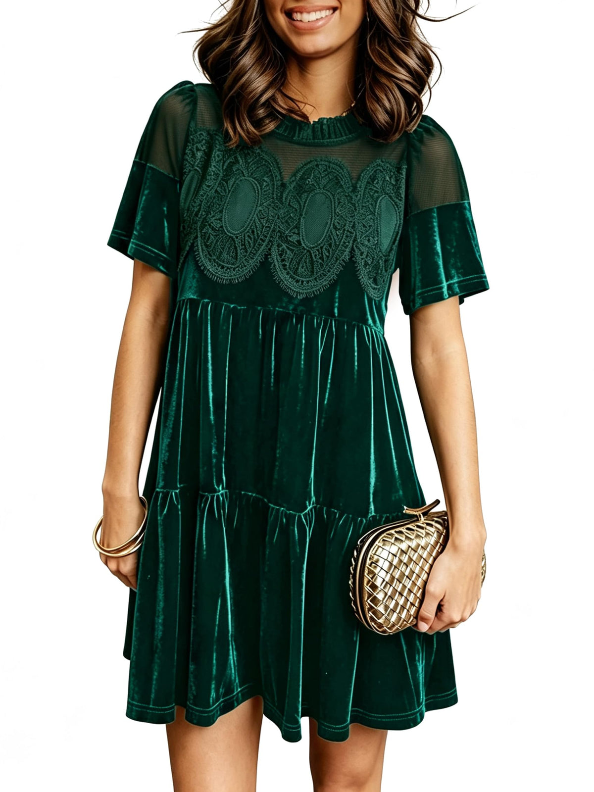 miduo Womens Scallop Neck Short Sleeve Velvet Lace Mini Babydoll Dress