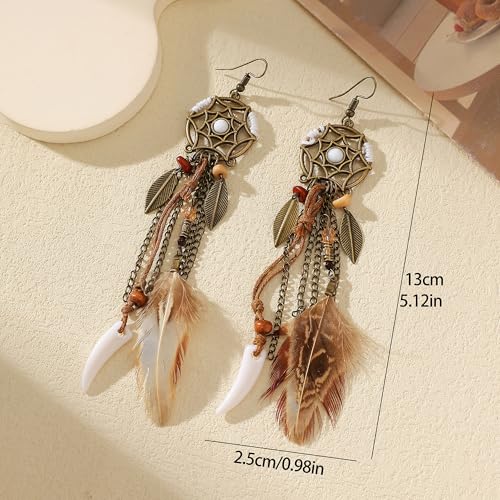 Brown Dream Catcher Feather Boho Earrings