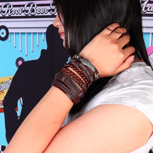 6-12PCS Braided Faux Leather Bracelet Punk Cuff Wrap Bracelets for Men Women Adjustable