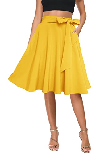 Womens Vintage High Waist A-Line Skater Skirt Flared Midi Skirt with Pockets