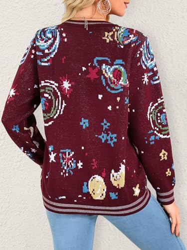 Women's Retro Space Galaxy Graphic Knit Sweaters Vintage Crewneck Pullover