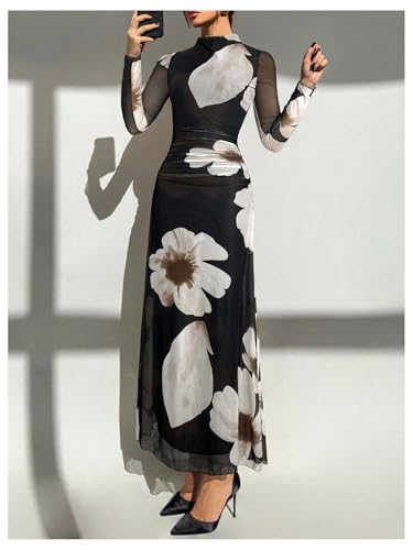 Verdusa Women's Floral Wedding Guest Dress Long Sleeve Mesh Maxi Dresses