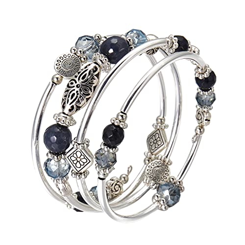 Stackable Beaded Bracelets for Women Boho Wrap Silver Bracelet Layered Fashion Jewelry Gifts for Her