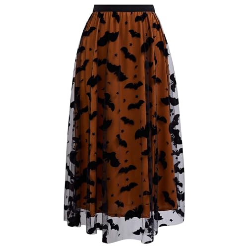 CHICWISH Women's Pumpkin Tulle Tutu Skirt Velvet Bats Elastic Waist Halloween Party Layered Mesh Midi Skirt Halloween Costume