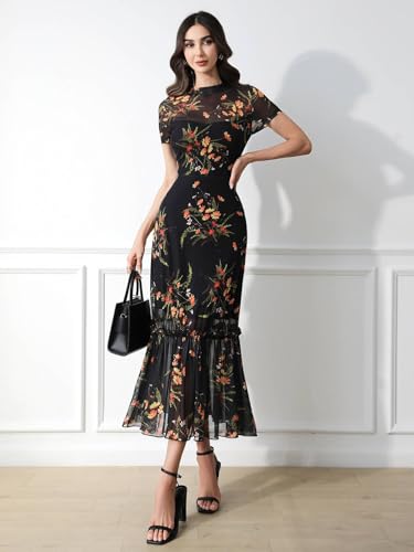 GothDark Women's Summer Floral Mesh Ruffle Casual Maxi Wedding Guest Dress