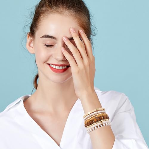 Surfer Heishi Clay Bead Bracelets for Women Bohemian Stackable Gold Plated Beaded Stretch Bracelets Elastic Layering Friendship Bracelets Set Boho Jewelry