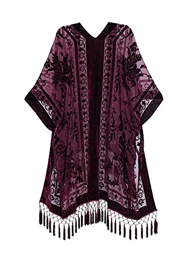 Women's Burnout Velvet Kimono Long Cardigan Cover Up With Tassel