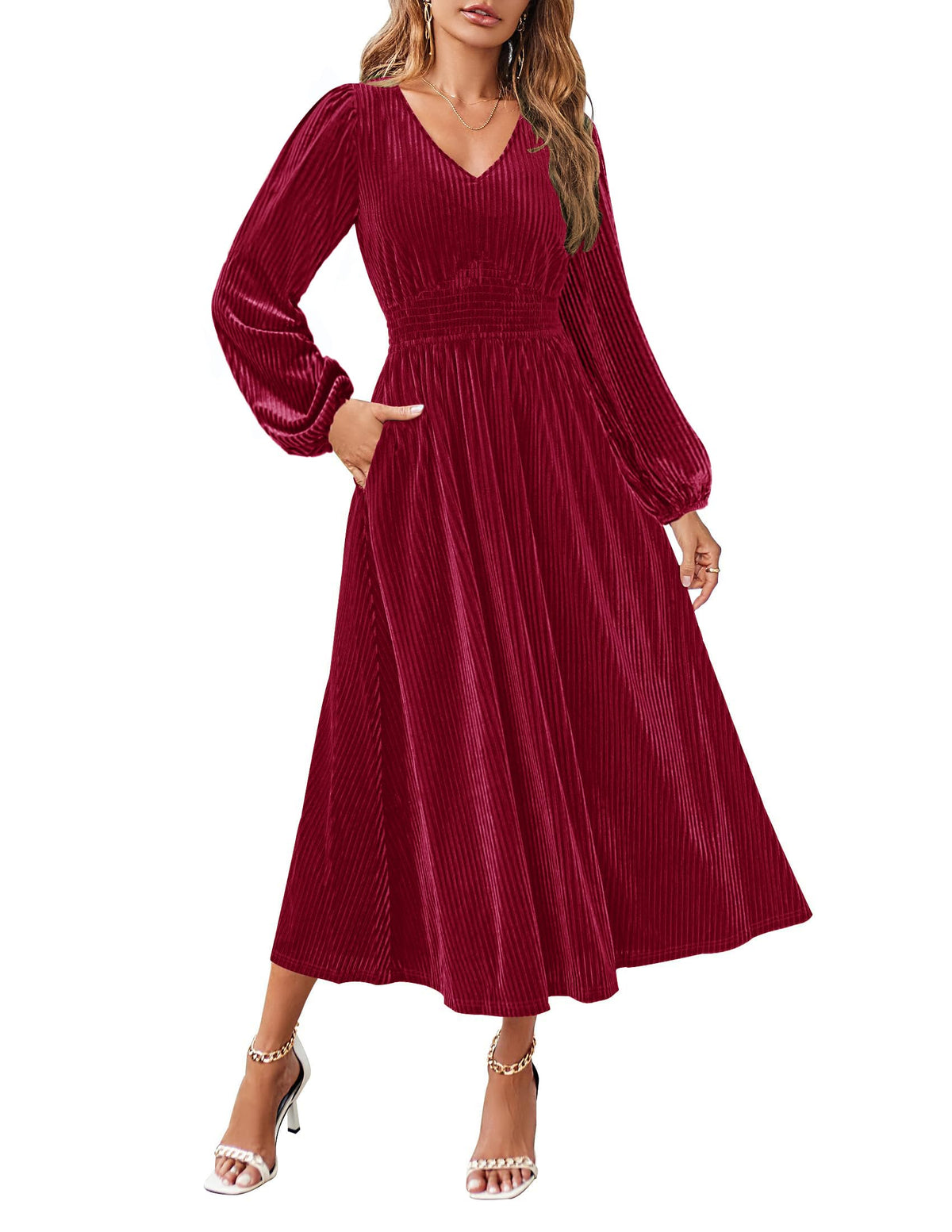 ZESICA Women's Velvet Wedding Guest Cocktail Long Sleeve Winter Dress