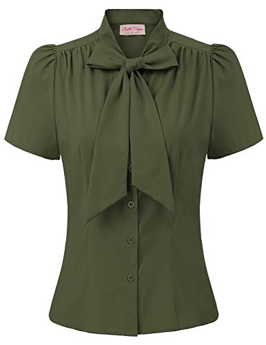 Belle Poque Women Dressy Casual Top Bow Tie Button Down Short Sleeve Blouse