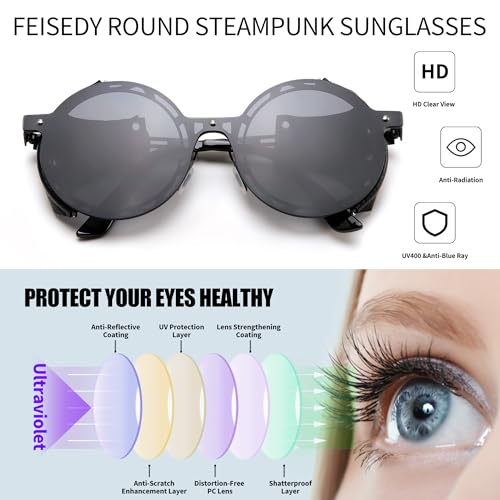 Retro Round Metal & Leather Steampunk Sunglasses