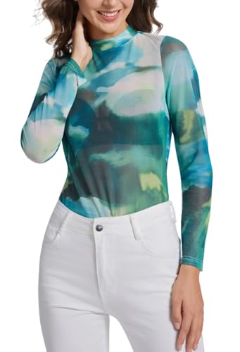 Womens Mesh Long Sleeve Tops Mock Neck Sexy Sheer See Through Tee Shirts Party Club Night Lace Blouse