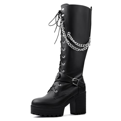 Ladies' Boots Women Fashion Platform Block Heels Knee High Boots Lace up