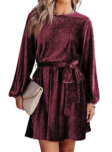 Happy Sailed Women's Velvet Dress Lantern Sleeve High Waist A-Line Skater Cocktail Party Dresses with Belt Business wear Main image
