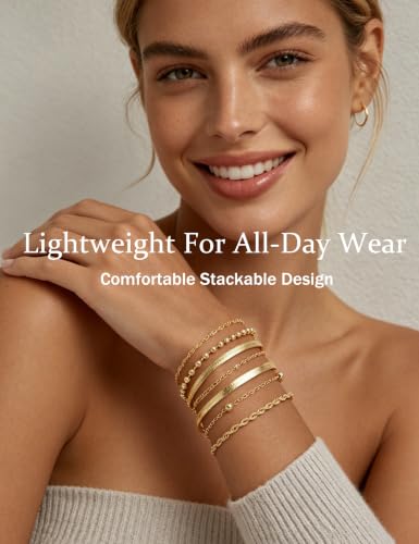 10 Pcs 14K Gold Plated Bracelet for Women, Dainty Stackable Chain Set
