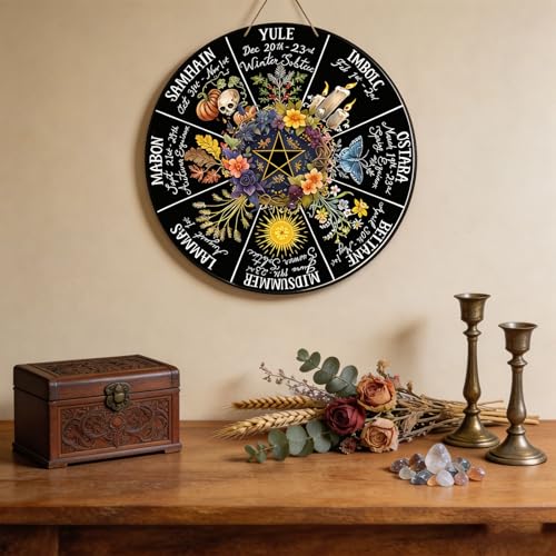 RIVEENY Wheel Of The Year Wall Hanging，12"Wheel Of The Year Wood Sign, Sabbats Pagan Witch Sign, Wiccan Holidays, Wicca Calendar, Yule Altar, Celestial Sign (GJ017)