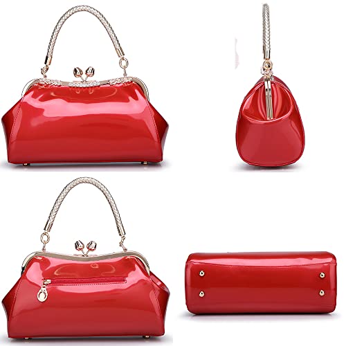 Glossy Patent Leather Evening Bag — Braided Handle Kiss Lock Handbag