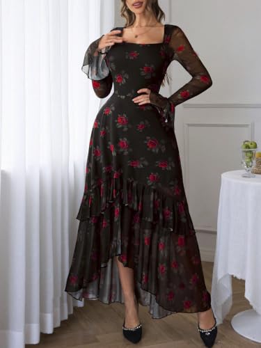 GothDark Women's Floral Mesh Square Neck Fall Wedding Guest Maxi Dress