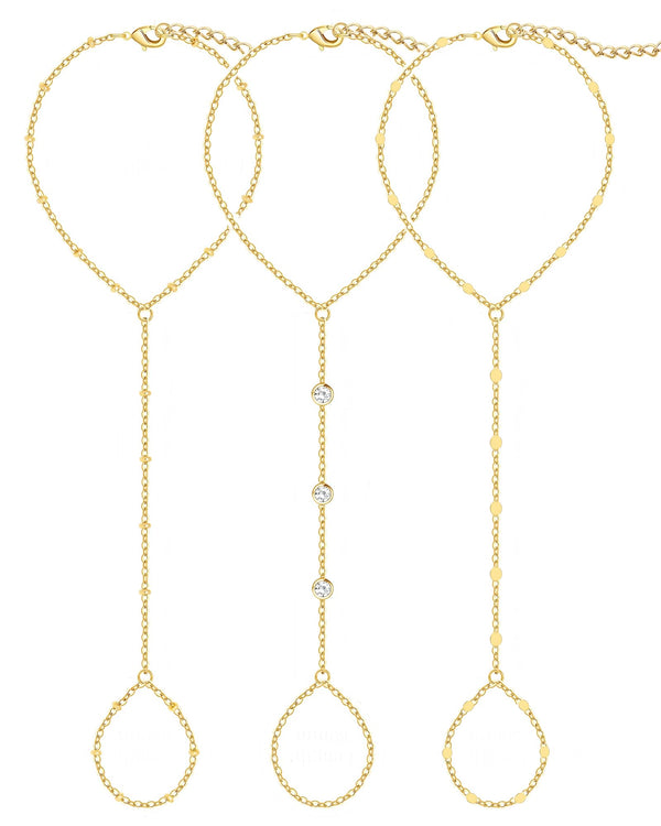 3PCS 14K Gold-Plated Hand Chain Bracelets for Women, Stack Bracelets Set Adjustable, Trendy Dainty Ring Bracelet Hand Chain
