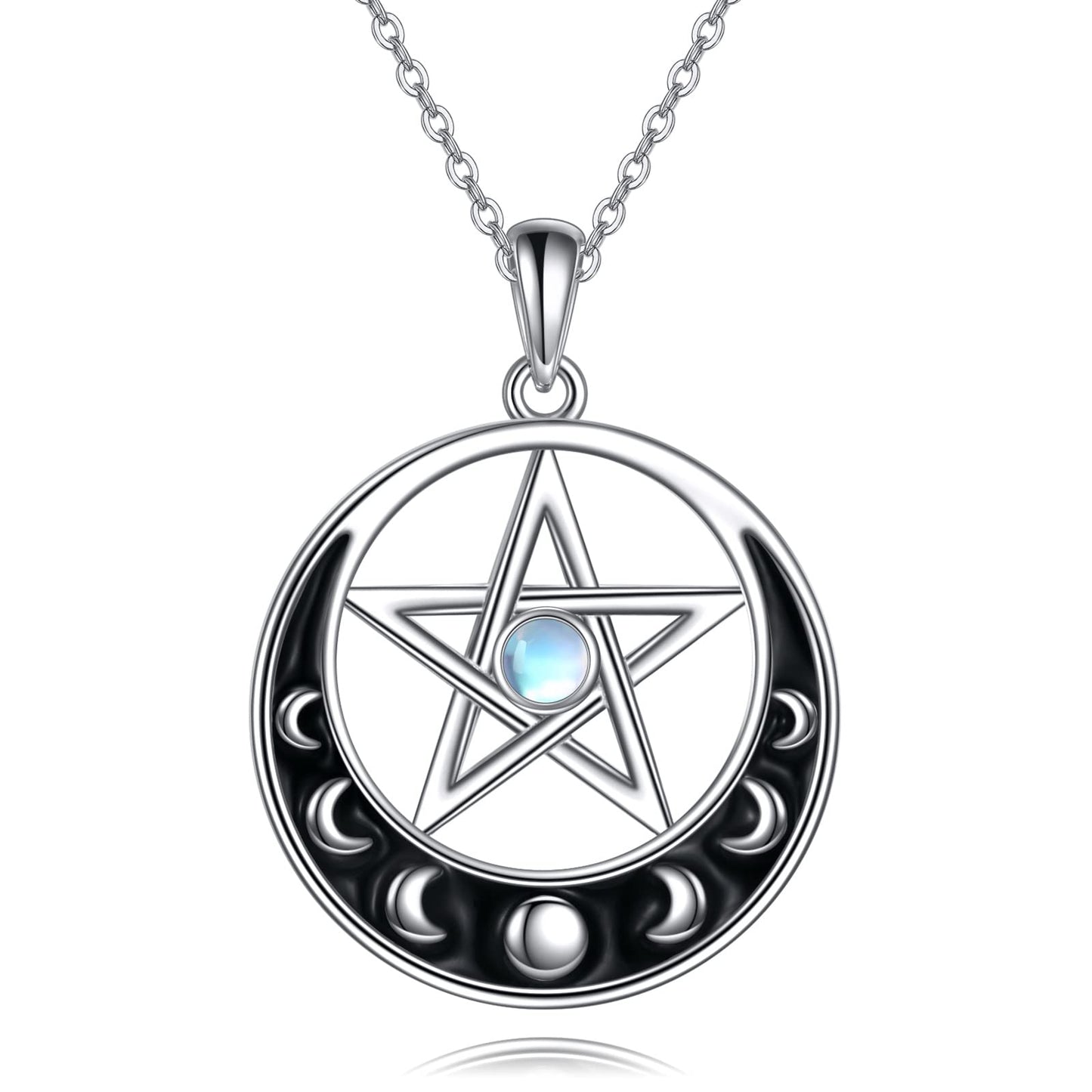 Sterling Silver Pentagram Necklace with Birthstone Triple Moon