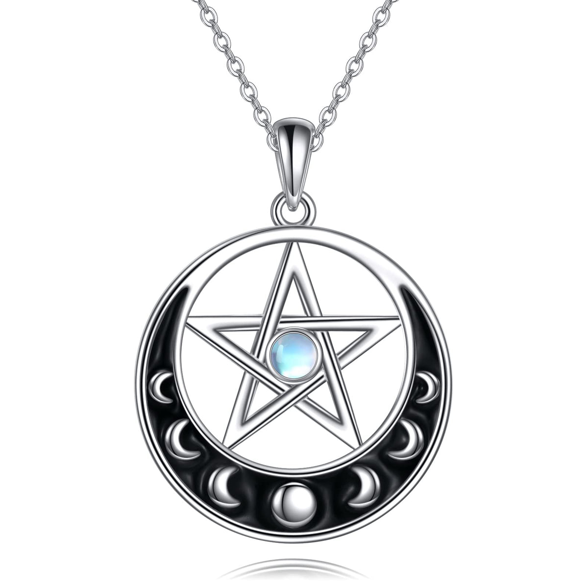 Sterling Silver Pentagram Necklace with Birthstone Triple Moon