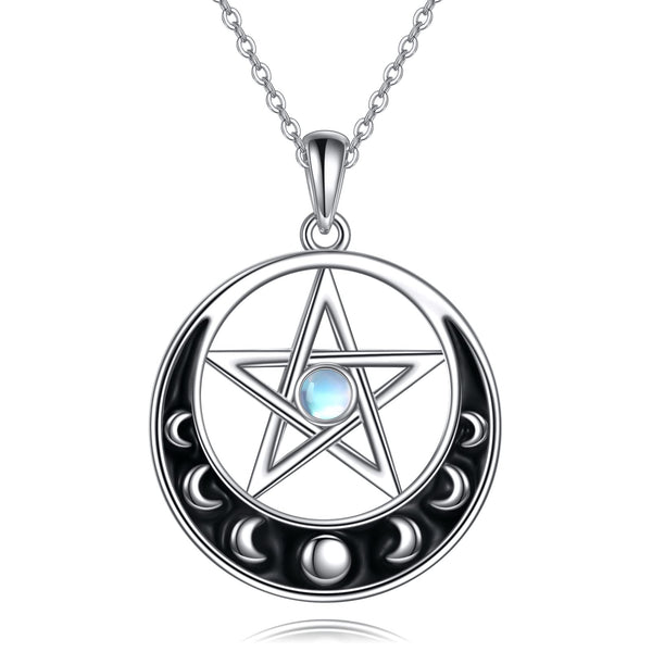 Sterling Silver Pentagram Necklace with Birthstone Triple Moon