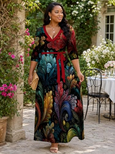 PinkPatty Women's Plus Size V Neck 3/4 Sleeve Boho Maxi Dress with Pockets