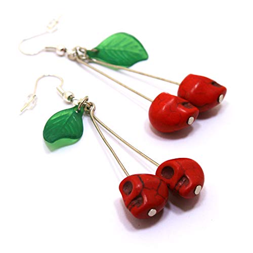 Handmade Gothic Red Skull Cherry Dangle Earrings 2.2 inches Medium Halloween Pinup Quirky Funky Earrings