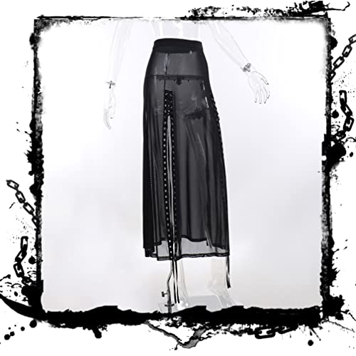 Goth Double Slit Maxi Skirt for Women Punk Black See Through Sheer Mesh Long Split Skirts