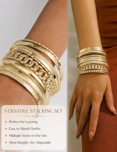 Gold Bangle Bracelets for Women, Indian Bangles Stackable Set, Multi Layer Textured 18K Gold Plated Chunky Bracelets Boho Jewelrys Set