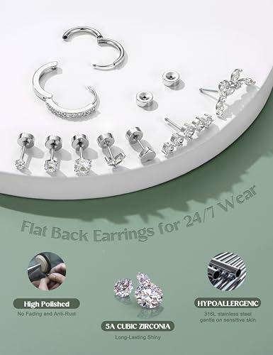 LOLIAS Hypoallergenic Flat Back Earrings-Cartilage Earring Stacks-Surgical Steel Earrings