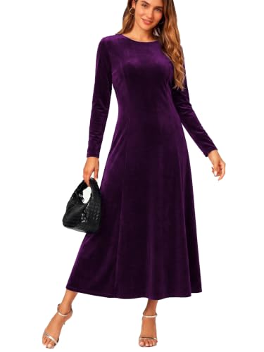 Urban CoCo Women's Elegant Velvet Midi Dress Scoop Neck Long Sleeve Ruched Main image