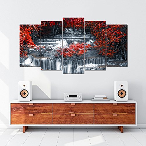 5 Pieces Large Black and Red Canvas Wall Art – Waterfall Landscape (Art Deco)