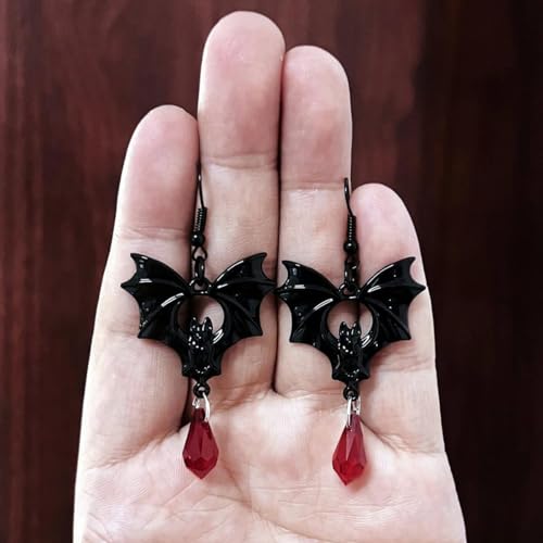 Gothic Bat Earrings for Women Black Red Crystal Dangle Drop Earrings Dark Punk Vampire Bat Earrings Hypoallergenic Vintage Goth Vampire Earrings Halloween Cosplay Party Jewelry