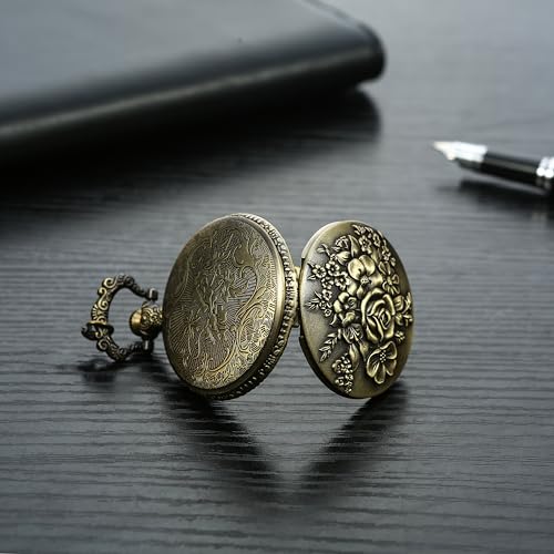 Retro Flower Openwork Cover Quartz Pocket Watch with Chain Half Hunter