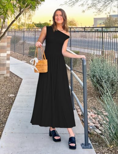 ZESICA Womens Sleeveless One Shoulder Maxi Dress with Pockets