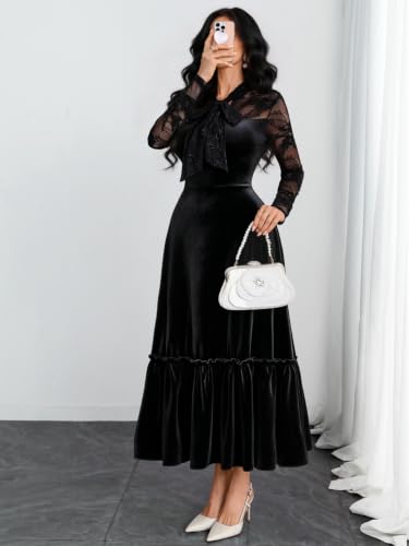 GothDark Women's Velvet Dress Lace Long Sleeve Tie Neck Formal Party Outfit